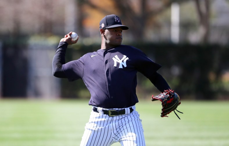 Feb 16, 2020; Tampa, Florida, USA; New York Yankees starting pitcher Luis Severino (40) works out during spring training at George M. Steinbrenner Field. Mandatory Credit: Kim Klement-USA TODAY Sports