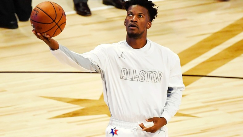 Feb 16, 2020; Chicago, Illinois, USA; Team Giannis forward Jimmy Butler of the Miami Heat warms up before the 2020 NBA All Star Game at United Center. Mandatory Credit: Quinn Harris-USA TODAY Sports