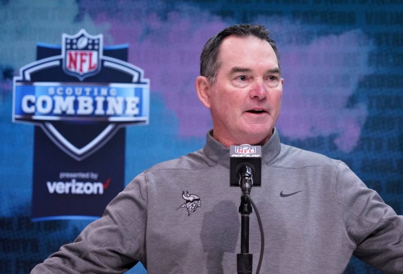 Feb 26, 2020; Indianapolis, Indiana, USA; Minnesota Vikings coach Mike Zimmer speaks during the NFL Scouting Combine at the Indiana Convention Center. Mandatory Credit: Kirby Lee-USA TODAY Sports