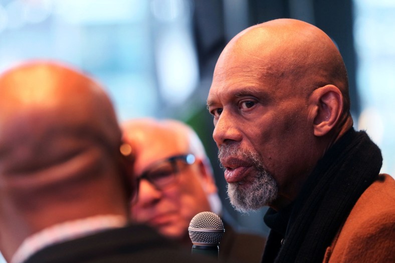 Kareem Abdul-Jabbar, right, talks with Grady Crosby, left, and Jim Paschke, center, at the "Diversity and Inclusion Conversation" at the MECCA Sports Bar and Grill.

MJS-bucksdiversity29p3