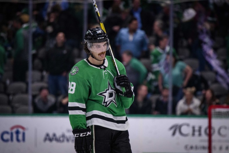 Mar 3, 2020; Dallas, Texas, USA; Dallas Stars defenseman Stephen Johns (28) skates off the ice after the loss to the Edmonton Oilers at the American Airlines Center. Mandatory Credit: Jerome Miron-USA TODAY Sports