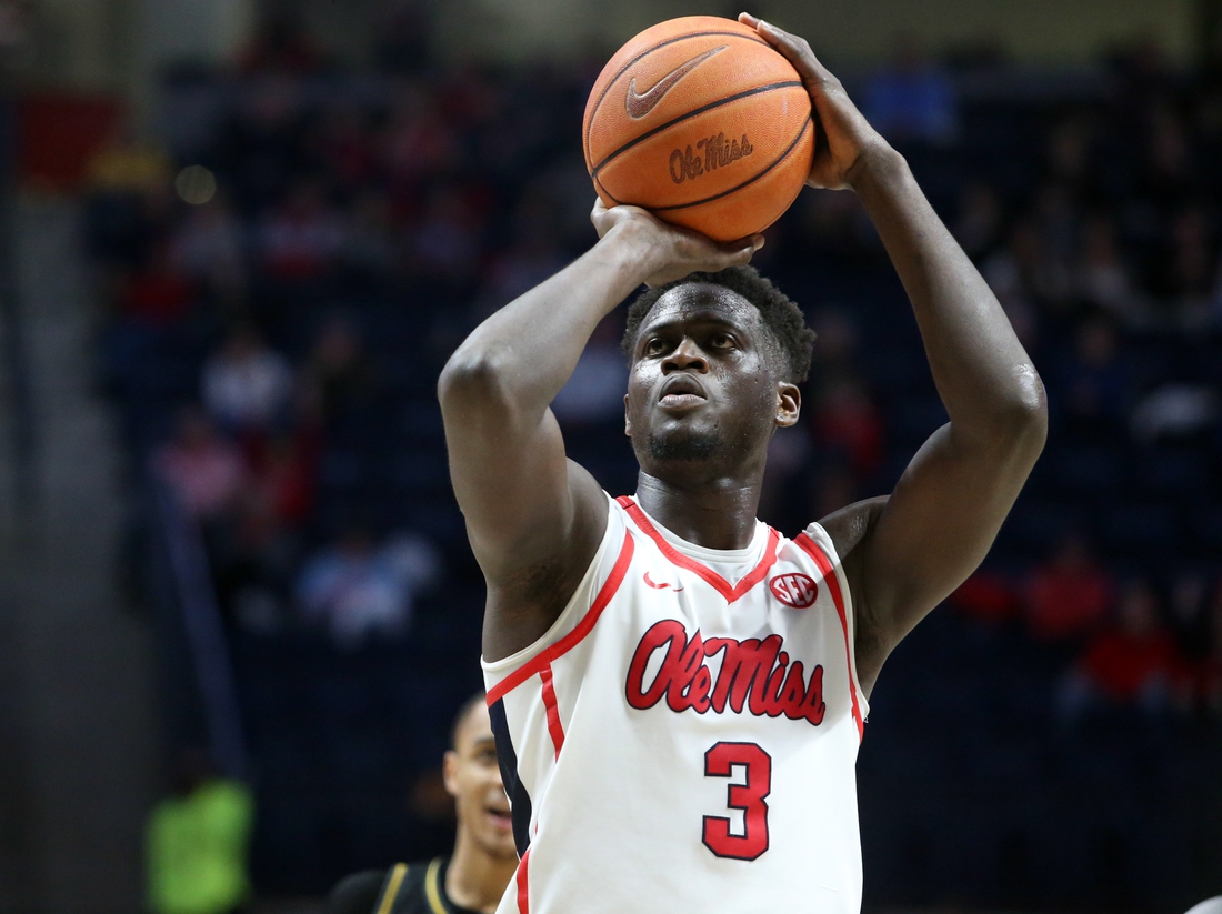 Mar 4, 2020; Oxford, Mississippi, USA; Mississippi Rebels forward Khadim Sy (3) shoots a free throw during the second half against the Missouri Tigers at The Pavilion at Ole Miss. Mandatory Credit: Petre Thomas-USA TODAY Sports