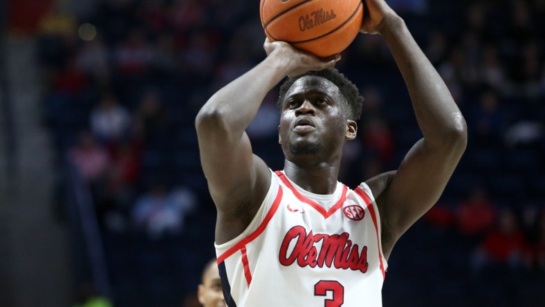 Mar 4, 2020; Oxford, Mississippi, USA; Mississippi Rebels forward Khadim Sy (3) shoots a free throw during the second half against the Missouri Tigers at The Pavilion at Ole Miss. Mandatory Credit: Petre Thomas-USA TODAY Sports