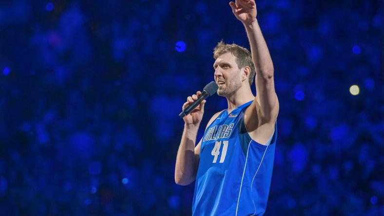 Apr 9, 2019; Dallas, TX, USA; Dallas Mavericks forward Dirk Nowitzki (41) waves goodbye to the Mavericks fans after the game against the Phoenix Suns at the American Airlines Center. Mandatory Credit: Jerome Miron-USA TODAY Sports