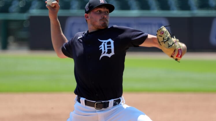 Detroit Tigers pitcher Beau Burrows throws during a live batting practice session at Comerica Park, Monday, July 6, 2020.Detroit Tigers