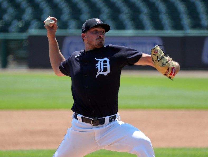 Detroit Tigers pitcher Beau Burrows throws during a live batting practice session at Comerica Park, Monday, July 6, 2020.

Detroit Tigers