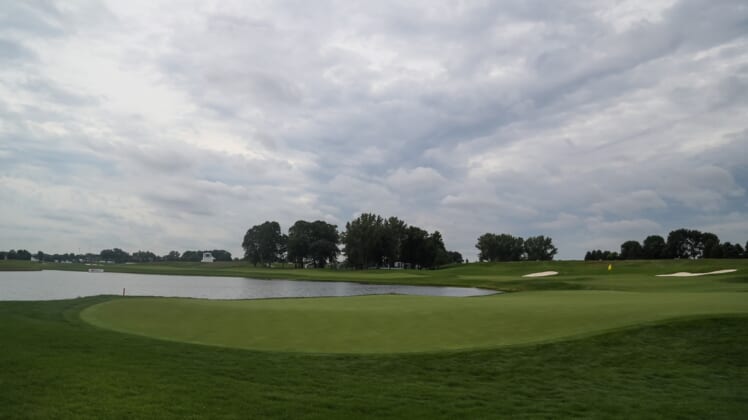Jul 25, 2020; Blaine, Minnesota, USA; A view of the 18th hole during the third round of the 3M Open golf tournament at TPC Twin Cities. Mandatory Credit: David Berding-USA TODAY Sports