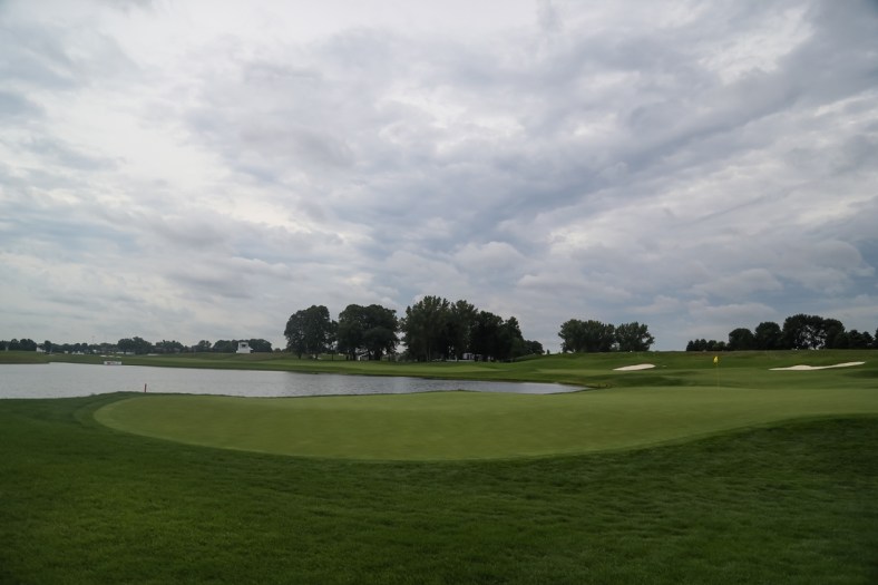Jul 25, 2020; Blaine, Minnesota, USA; A view of the 18th hole during the third round of the 3M Open golf tournament at TPC Twin Cities. Mandatory Credit: David Berding-USA TODAY Sports