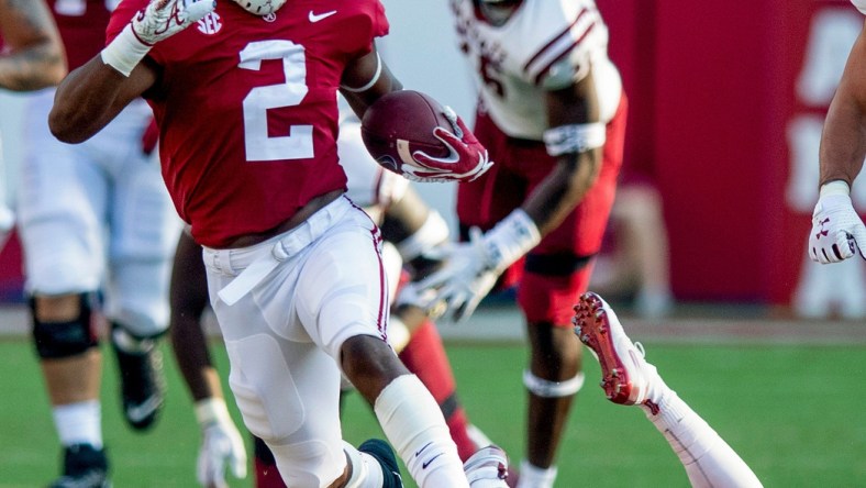 Alabama running back Keilan Robinson (2) breaks free for a long touchdown against New Mexico State at Bryant-Denny Stadium in Tuscaloosa, Ala., on Saturday September 7, 2019.

Uaseason020