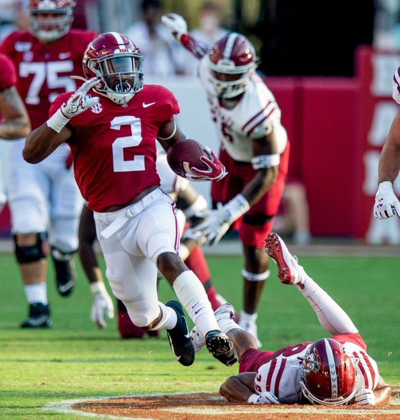 Alabama running back Keilan Robinson (2) breaks free for a long touchdown against New Mexico State at Bryant-Denny Stadium in Tuscaloosa, Ala., on Saturday September 7, 2019.

Uaseason020