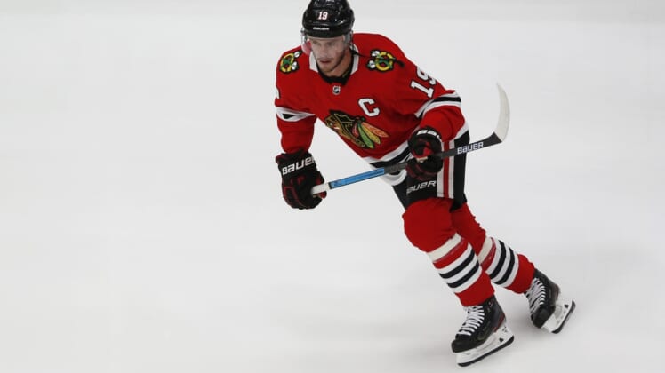 Aug 16, 2020; Edmonton, Alberta, CAN; Chicago Blackhawks center Jonathan Toews skates before game four of the first round of the 2020 Stanley Cup Playoffs against the Vegas Golden Knights at Rogers Place. Mandatory Credit: Perry Nelson-USA TODAY Sports