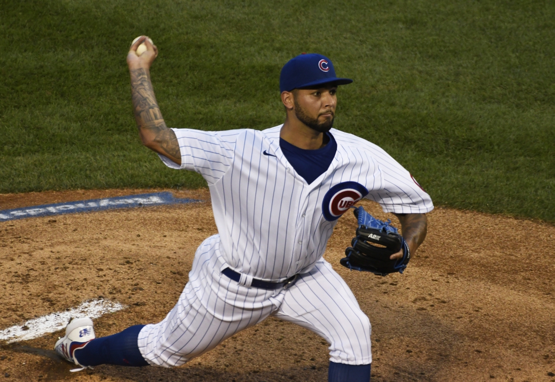 Aug 17, 2020; Chicago, Illinois, USA; Chicago Cubs starting pitcher Tyson Miller (72) throws the ball against the St. Louis Cardinals during the first inning at Wrigley Field. Mandatory Credit: David Banks-USA TODAY Sports