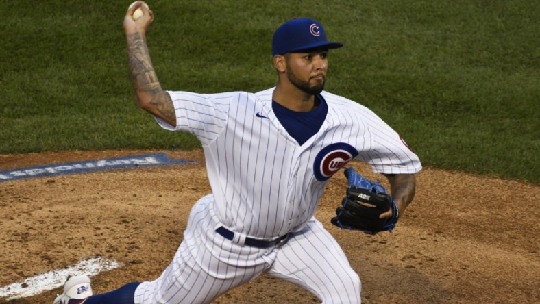 Aug 17, 2020; Chicago, Illinois, USA; Chicago Cubs starting pitcher Tyson Miller (72) throws the ball against the St. Louis Cardinals during the first inning at Wrigley Field. Mandatory Credit: David Banks-USA TODAY Sports