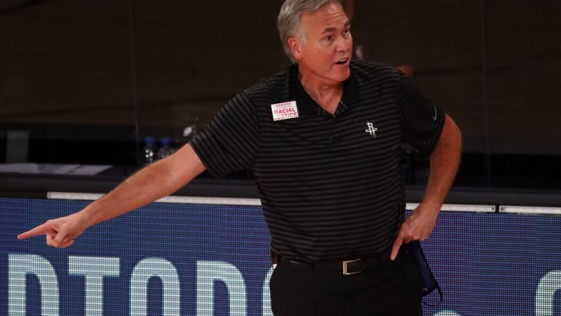 Sep 2, 2020; Lake Buena Vista, Florida, USA; Houston Rockets head coach Mike D'Antoni reacts during the first half of game seven of the first round of the 2020 NBA Playoffs against the Oklahoma City Thunder at ESPN Wide World of Sports Complex. Mandatory Credit: Kim Klement-USA TODAY Sports