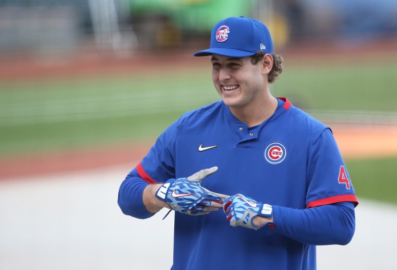 Sep 21, 2020; Pittsburgh, Pennsylvania, USA;  Chicago Cubs first baseman Anthony Rizzo (44) reacts during batting practice before playing the Pittsburgh Pirates at PNC Park. Mandatory Credit: Charles LeClaire-USA TODAY Sports
