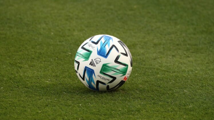 Oct 3, 2020; Dallas, Texas, USA;  Closeup of an MLS soccer ball before the match between the Columbus Crew and FC Dallas at Toyota Stadium. Mandatory Credit: Kevin Jairaj-USA TODAY Sports