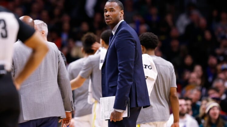 Mar 3, 2020; Denver, Colorado, USA; Golden State Warriors assistant coach Jarron Collins in the fourth quarter against the Denver Nuggets at the Pepsi Center. Mandatory Credit: Isaiah J. Downing-USA TODAY Sports