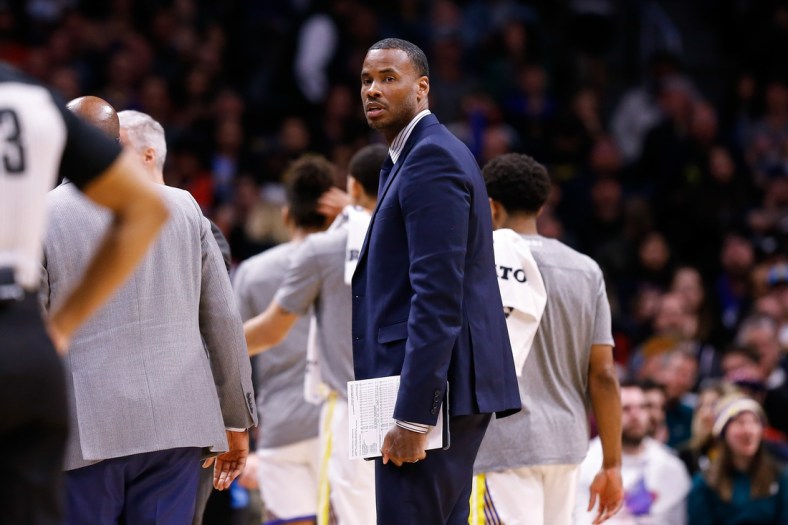 Mar 3, 2020; Denver, Colorado, USA; Golden State Warriors assistant coach Jarron Collins in the fourth quarter against the Denver Nuggets at the Pepsi Center. Mandatory Credit: Isaiah J. Downing-USA TODAY Sports