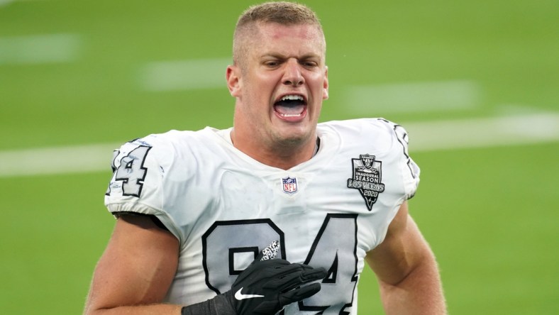 Nov 8, 2020; Inglewood, California, USA; Las Vegas Raiders defensive end Carl Nassib (94) celebrates at the end of the game against the Los Angeles Chargers at SoFi Stadium. The Raiders defeated the Chargers 31-26.  Mandatory Credit: Kirby Lee-USA TODAY Sports