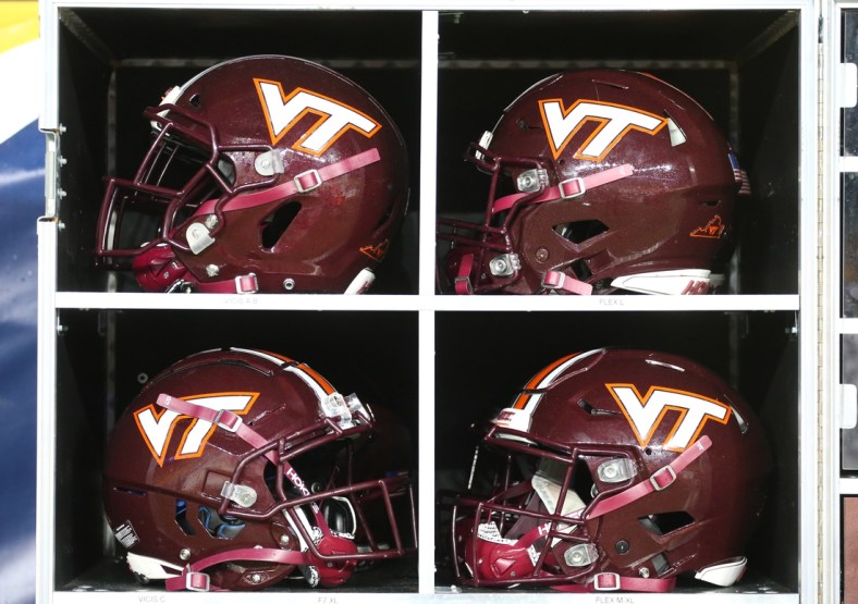 Nov 21, 2020; Pittsburgh, Pennsylvania, USA;  Helmets  inside the Virginia Tech Hokies equipment trunk on the sidelines against the Pittsburgh Panthers during the third quarter at Heinz Field. Pittsburgh won 47-14. Mandatory Credit: Charles LeClaire-USA TODAY Sports