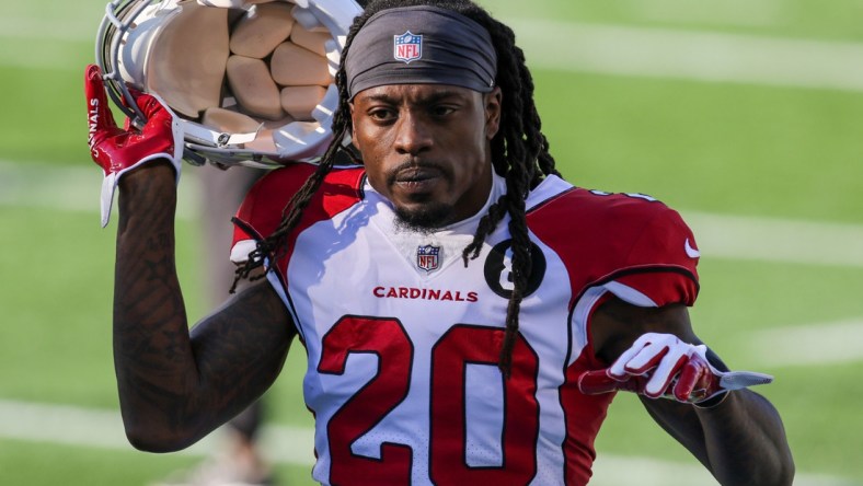 Nov 29, 2020; Foxborough, Massachusetts, USA; Arizona Cardinals cornerback Dre Kirkpatrick (20) against the New England Patriots at Gillette Stadium. Mandatory Credit: Paul Rutherford-USA TODAY Sports