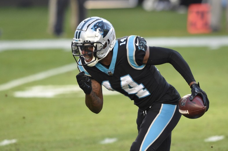 Dec 13, 2020; Charlotte, North Carolina, USA;  Carolina Panthers wide receiver Pharoh Cooper (14) with the ball in the fourth quarter at Bank of America Stadium. Mandatory Credit: Bob Donnan-USA TODAY Sports