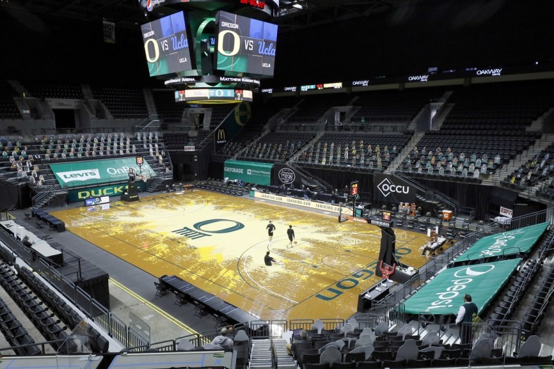 Dec 23, 2020; Eugene, Oregon, USA; General view inside Matthew Knight Arena before a game between the Oregon Ducks and the UCLA Bruins. The game was canceled due to positive covid tests. Mandatory Credit: Soobum Im-USA TODAY Sports