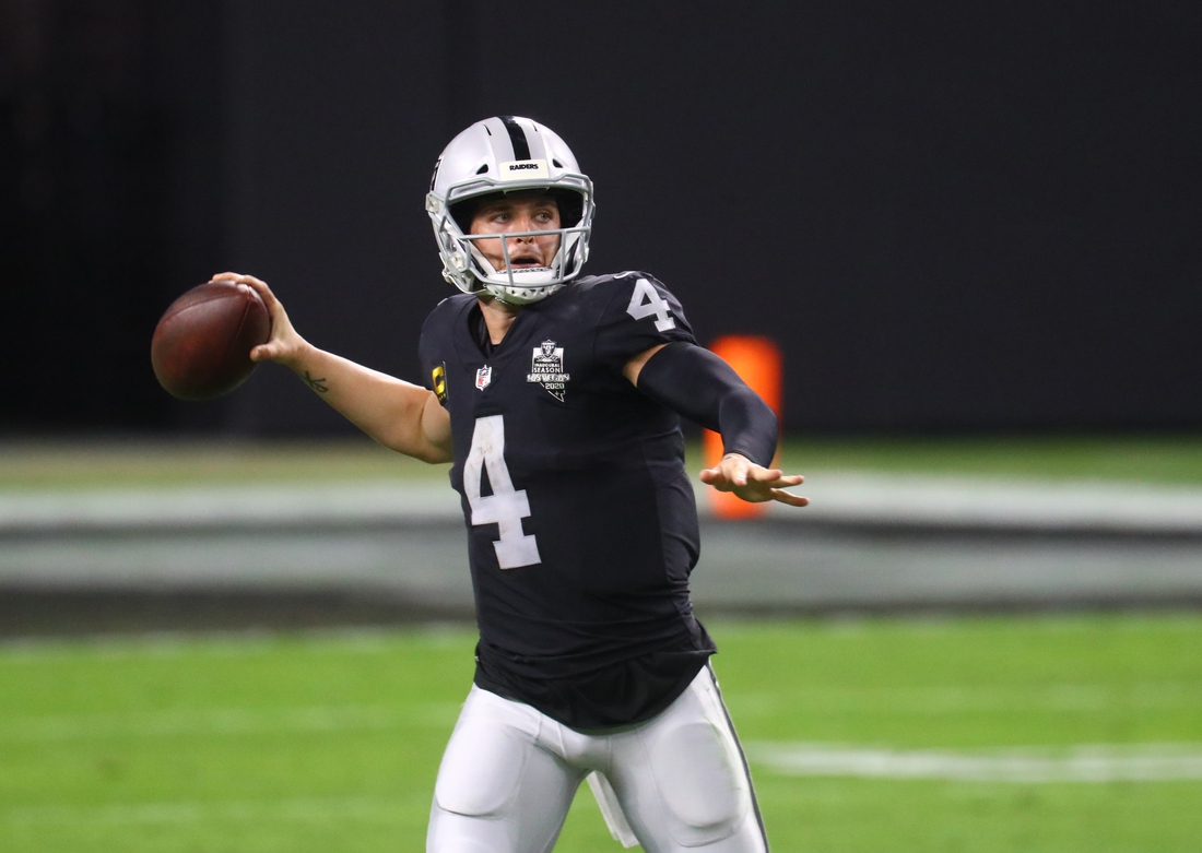 Dec 26, 2020; Paradise, Nevada, USA; Las Vegas Raiders quarterback Derek Carr (4) against the Miami Dolphins at Allegiant Stadium. Mandatory Credit: Mark J. Rebilas-USA TODAY Sports