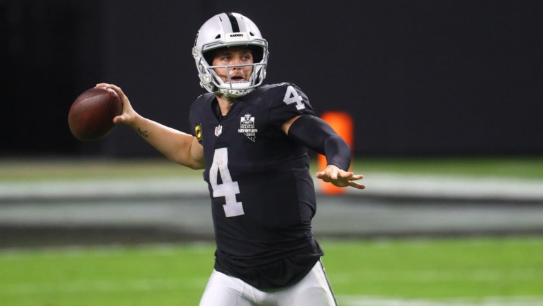 Dec 26, 2020; Paradise, Nevada, USA; Las Vegas Raiders quarterback Derek Carr (4) against the Miami Dolphins at Allegiant Stadium. Mandatory Credit: Mark J. Rebilas-USA TODAY Sports