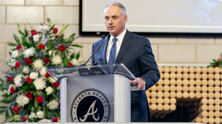 Jan 26, 2021; Atlanta, GA, USA; MLB Commissioner Rob Manfred speaks during "A Celebration of Henry Louis Aaron," a memorial service celebrating the life and enduring legacy of the late Hall of Famer and American icon, on Tuesday, Jan. 26, 2021 at Truist Park in Atlanta. Mandatory Credit: Kevin D. Liles/Pool Photo-USA TODAY Sports