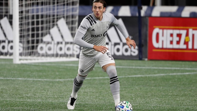 Nov 20, 2020; Foxborough, Massachusetts, USA; Montreal Impact defender Luis Binks (5) during the first half against the New England Revolution at Gillette Stadium. Mandatory Credit: Winslow Townson-USA TODAY Sports