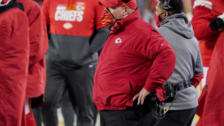 Jan 24, 2021; Kansas City, Missouri, USA; Kansas City Chiefs head coach Andy Reid on the sidelines in the AFC Championship Game against the Buffalo Bills at Arrowhead Stadium. Mandatory Credit: Denny Medley-USA TODAY Sports