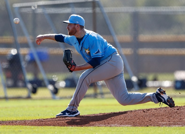 Feb 24, 2021; Port Charlotte, Florida, USA; Tampa Bay Rays pitcher Tyler Zombro (39) pitches a simulated inning during spring training at Charlotte Sports Park Mandatory Credit: Nathan Ray Seebeck-USA TODAY Sports