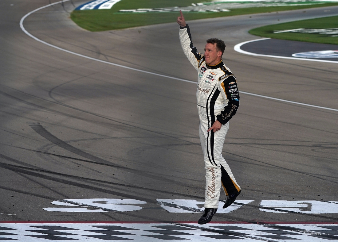 Mar 6, 2021; Las Vegas, NV, USA; NASCAR Xfinity Series driver AJ Allmendinger (16) celebrates his victory in the Alsco Uniforms 300 at Las Vegas Motor Speedway. Mandatory Credit: Gary A. Vasquez-USA TODAY Sports