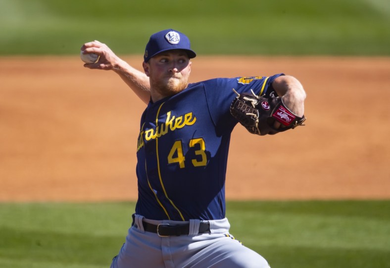 Mar 3, 2021; Peoria, Arizona, USA; Milwaukee Brewers pitcher Drew Rasmussen against the San Diego Padres during a Spring Training game at Peoria Sports Complex. Mandatory Credit: Mark J. Rebilas-USA TODAY Sports