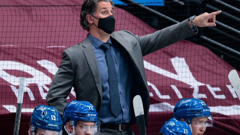 Mar 14, 2021; Denver, Colorado, USA; Colorado Avalanche head coach Jared Bednar gestures in the third period against the Los Angeles Kings at Ball Arena. Mandatory Credit: Isaiah J. Downing-USA TODAY Sports