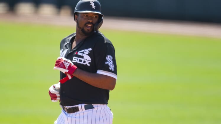 Mar 15, 2021; Glendale, Arizona, USA; Chicago White Sox outfielder Eloy Jimenez against the Chicago Cubs during a Spring Training game at Camelback Ranch Glendale. Mandatory Credit: Mark J. Rebilas-USA TODAY Sports