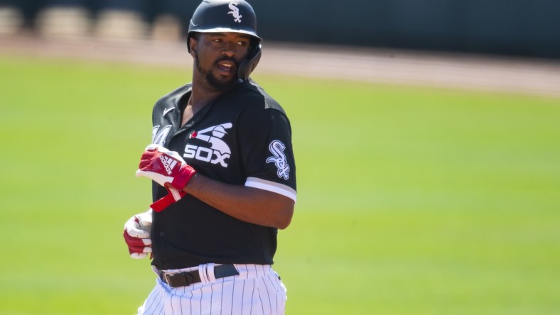 Mar 15, 2021; Glendale, Arizona, USA; Chicago White Sox outfielder Eloy Jimenez against the Chicago Cubs during a Spring Training game at Camelback Ranch Glendale. Mandatory Credit: Mark J. Rebilas-USA TODAY Sports