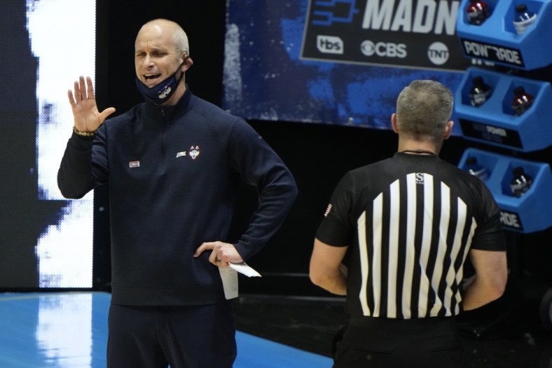 Mar 20, 2021; West Lafayette, Indiana, USA; Connecticut Huskies head coach Dan Hurley reacts as he talks with an official during the first half against the Maryland Terrapins in the first round of the 2021 NCAA Tournament at Mackey Arena. Mandatory Credit: Mike Dinovo-USA TODAY Sports