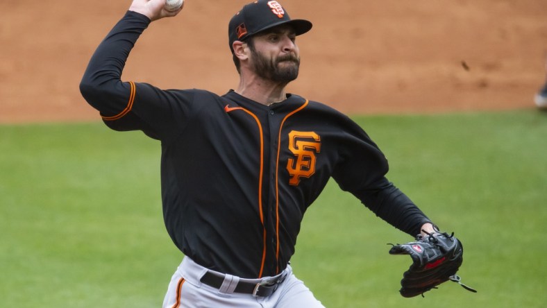 Mar 26, 2021; Mesa, Arizona, USA; San Francisco Giants pitcher Nick Tropeano against the Chicago Cubs during a Spring Training game at Sloan Park. Mandatory Credit: Mark J. Rebilas-USA TODAY Sports