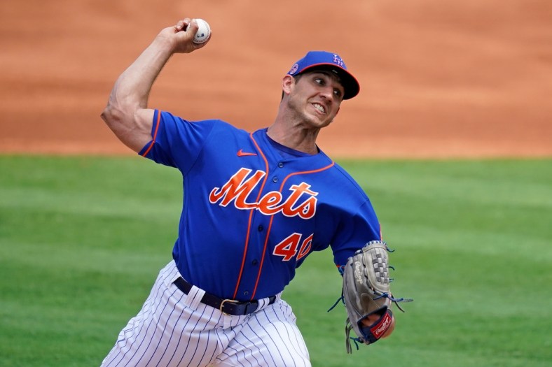Mar 27, 2021; Port St. Lucie, Florida, USA; New York Mets relief pitcher Jacob Barnes (40) delivers a pitch in the 1st inning of the spring training game against the Houston Astros at Clover Park. Mandatory Credit: Jasen Vinlove-USA TODAY Sports