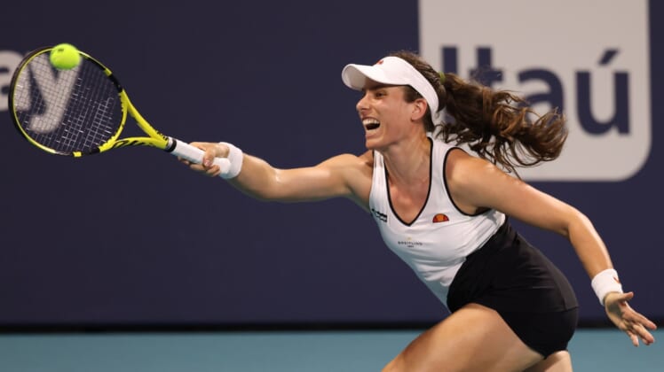 Mar 27, 2021; Miami, Florida, USA; Johanna Konta of Great Britain hits a forehand against Petra Kvitova of Czech Republic (not pictured) in the third round in the Miami Open at Hard Rock Stadium. Mandatory Credit: Geoff Burke-USA TODAY Sports