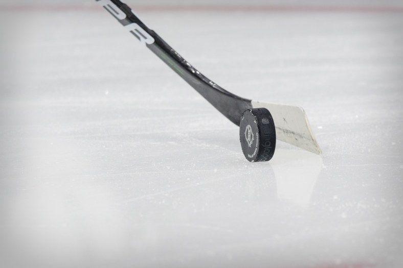 Mar 16, 2021; Dallas, Texas, USA; A view of an NHL puck and hockey stick before the game between the Dallas Stars and the Tampa Bay Lightning at the American Airlines Center. Mandatory Credit: Jerome Miron-USA TODAY Sports