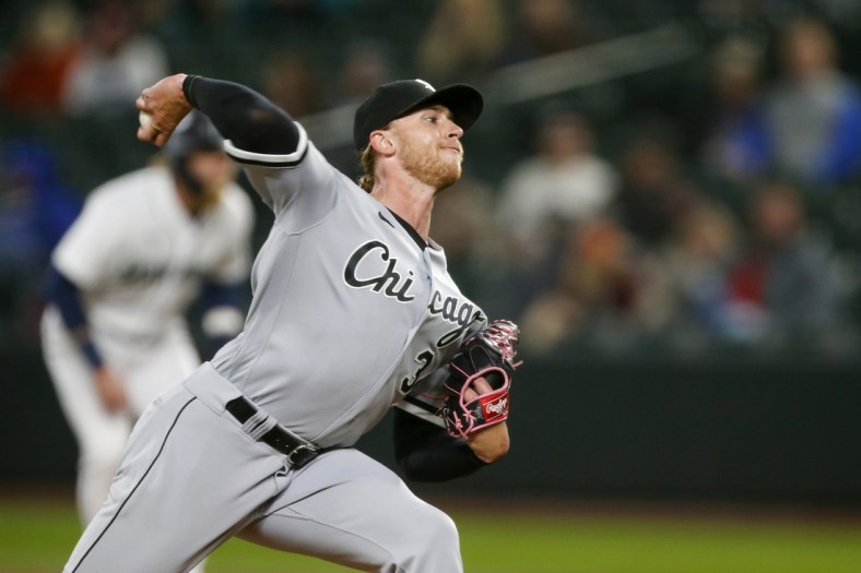 Apr 5, 2021; Seattle, Washington, USA; Chicago White Sox relief pitcher Michael Kopech (34) throws against the Seattle Mariners during the sixth inning at T-Mobile Park. Mandatory Credit: Joe Nicholson-USA TODAY Sports