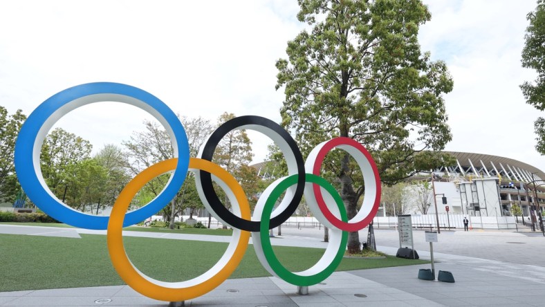 Apr 6, 2021; Tokyo, JAPAN; General view of the Olympic rings sculpture near the Japan National Stadium in preparation for the Tokyo 2020 Olympic Summer Games set to begin in July 2021. Mandatory Credit: Yukihito Taguchi-USA TODAY Sports