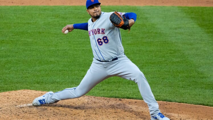 Apr 7, 2021; Philadelphia, Pennsylvania, USA; New York Mets relief pitcher Dellin Betances (68) pitches during the sixth inning against the Philadelphia Phillies at Citizens Bank Park. Mandatory Credit: Bill Streicher-USA TODAY Sports