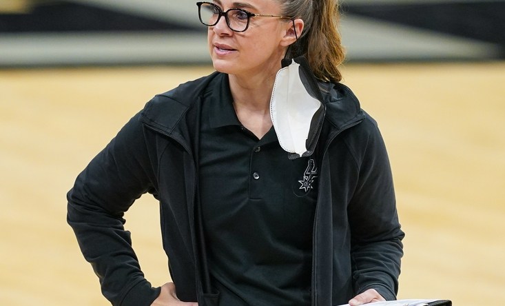 Apr 16, 2021; San Antonio, Texas, USA;  San Antonio Spurs assistant coach Becky Hammon looks on in the second half against the Portland Trail Blazers at the AT&T Center. Mandatory Credit: Daniel Dunn-USA TODAY Sports