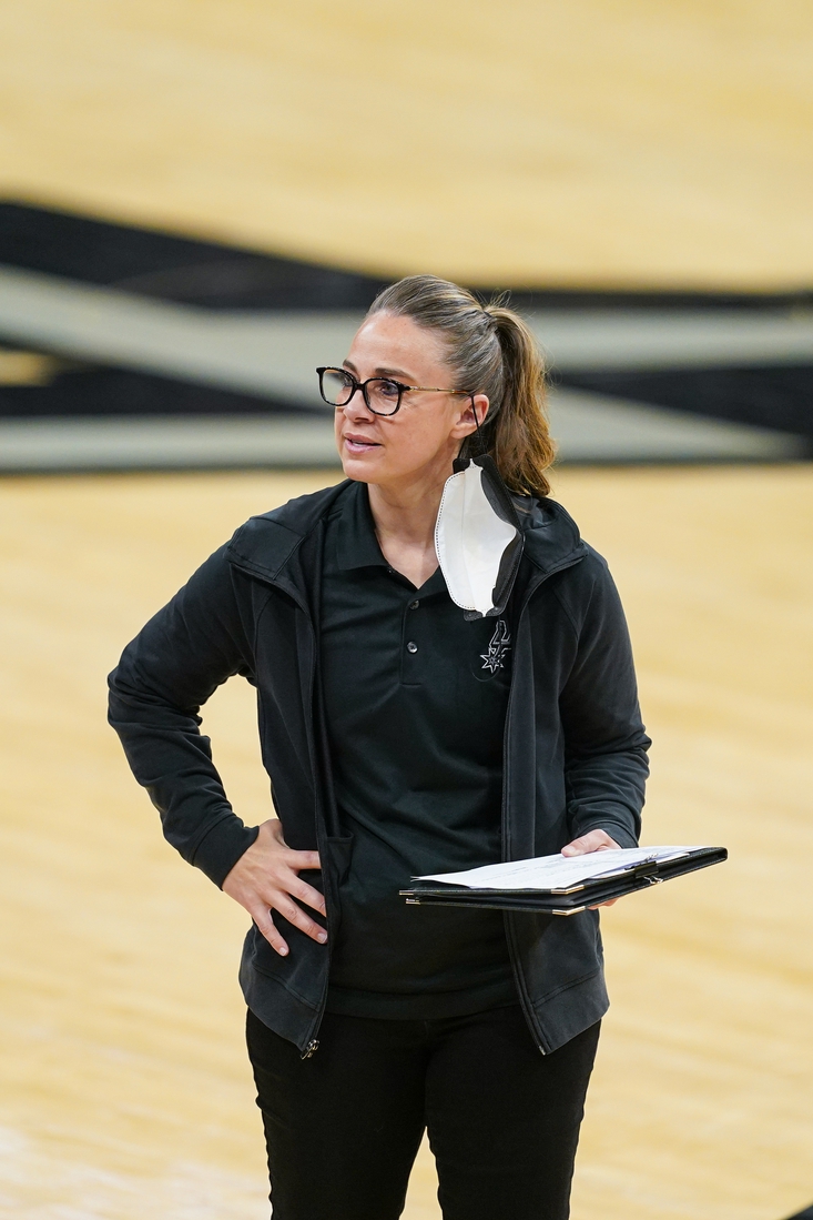 Apr 16, 2021; San Antonio, Texas, USA;  San Antonio Spurs assistant coach Becky Hammon looks on in the second half against the Portland Trail Blazers at the AT&T Center. Mandatory Credit: Daniel Dunn-USA TODAY Sports