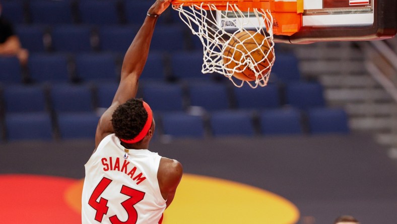 Apr 26, 2021; Tampa, Florida, USA; Toronto Raptors forward Pascal Siakam (43) dunks the ball during the third quarter against the Cleveland Cavaliers at Amalie Arena. Mandatory Credit: Nathan Ray Seebeck-USA TODAY Sports