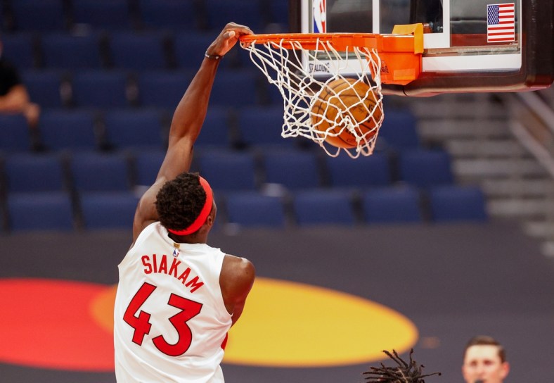 Apr 26, 2021; Tampa, Florida, USA; Toronto Raptors forward Pascal Siakam (43) dunks the ball during the third quarter against the Cleveland Cavaliers at Amalie Arena. Mandatory Credit: Nathan Ray Seebeck-USA TODAY Sports